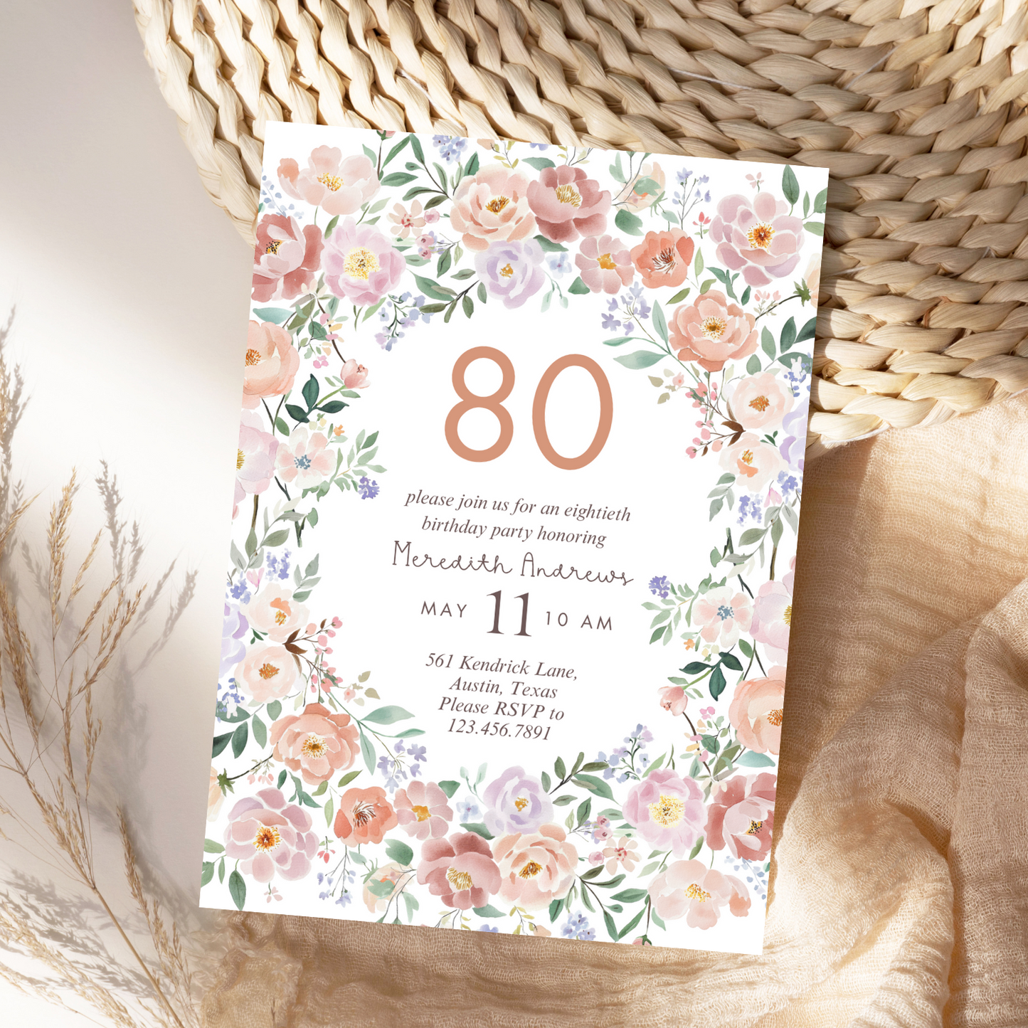 Watercolor Pink Floral 80th Birthday Invitation