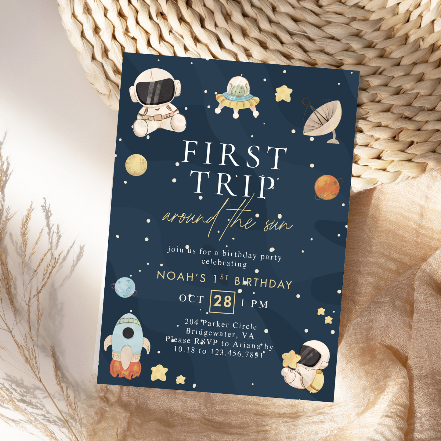 Modern First Trip Around the Sun Birthday Invitation