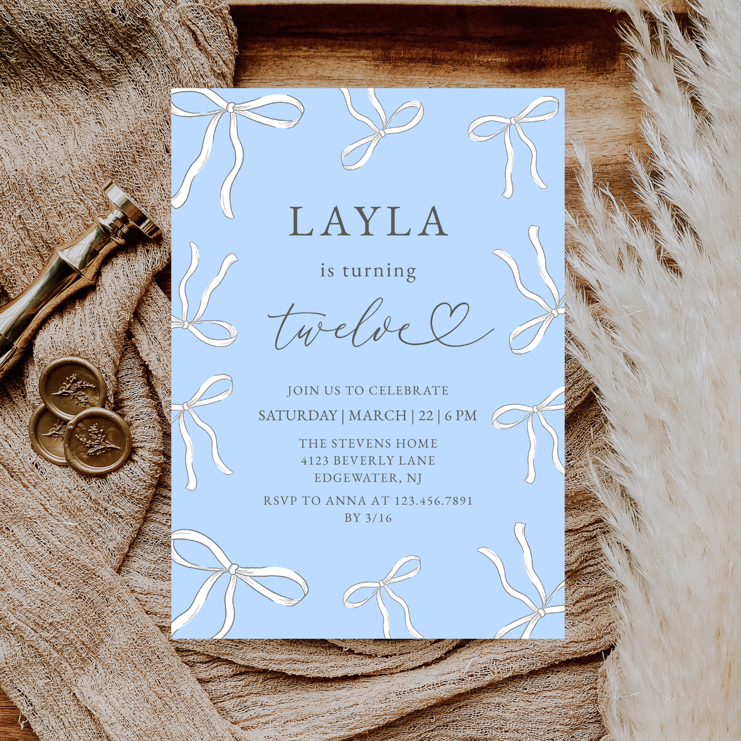 Elegant Blue Bow 12th Any Age Birthday Invitation