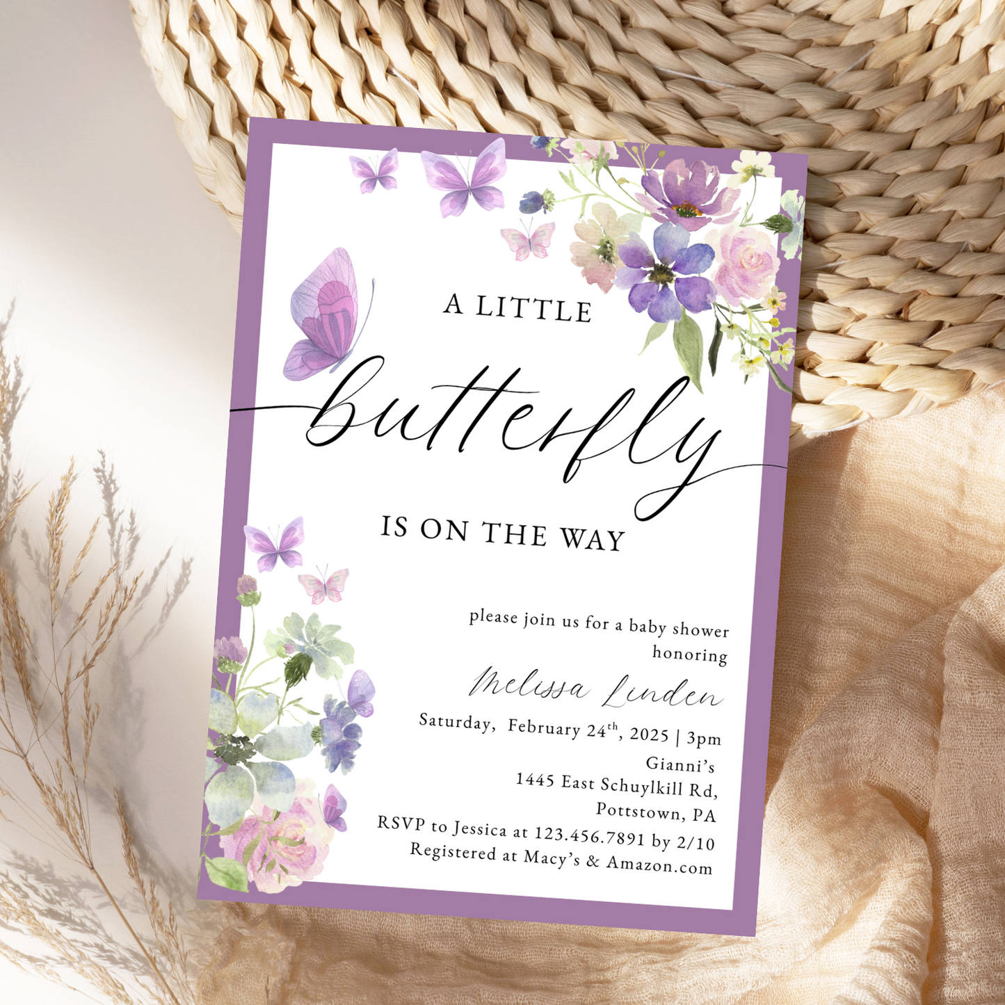 Watercolor Purple Butterfly Baby Shower Invitation