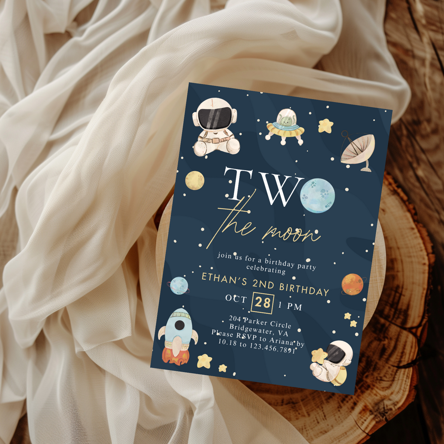 Modern Two the Moon 2nd Birthday Invitation