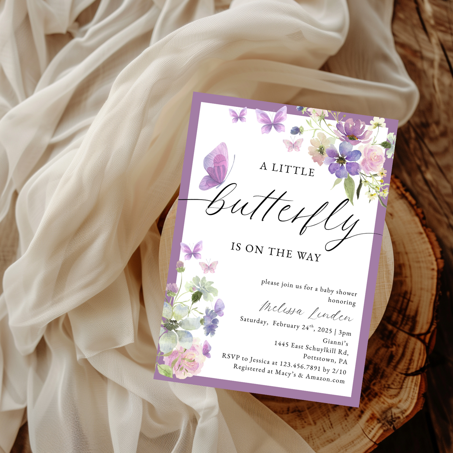 Watercolor Purple Butterfly Baby Shower Invitation