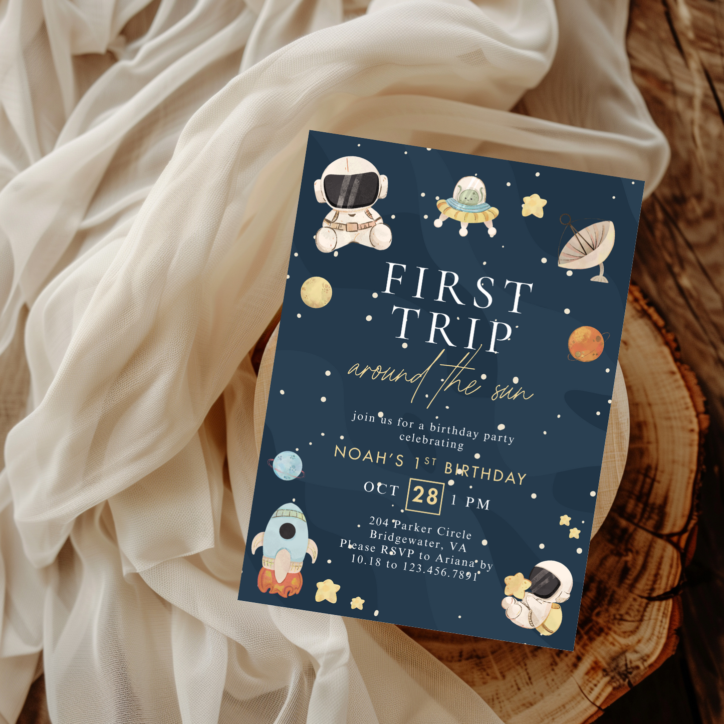 Modern First Trip Around the Sun Birthday Invitation