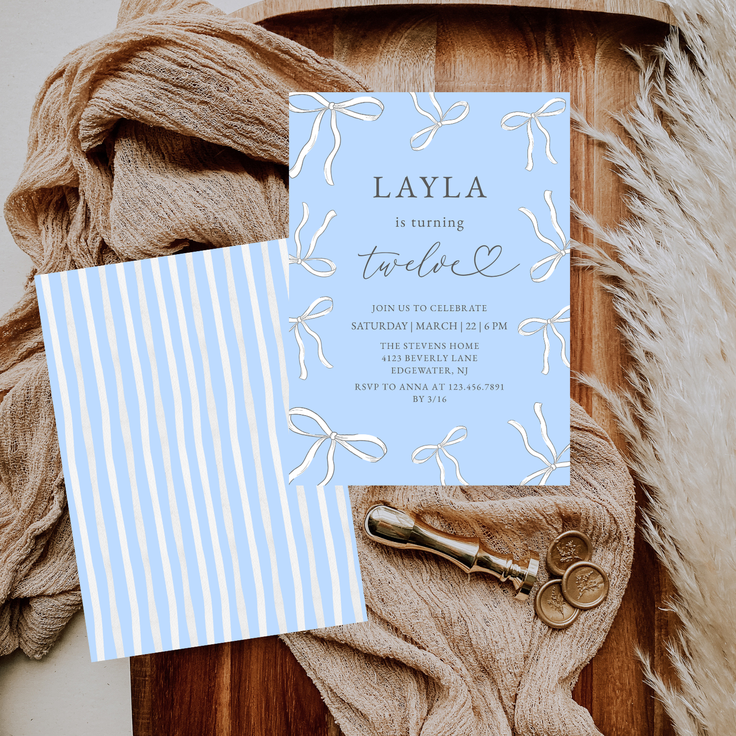 Elegant Blue Bow 12th Any Age Birthday Invitation