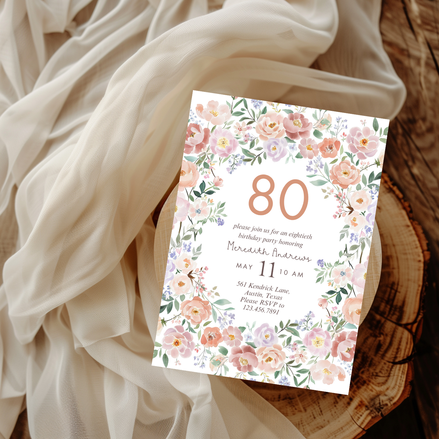 Watercolor Pink Floral 80th Birthday Invitation