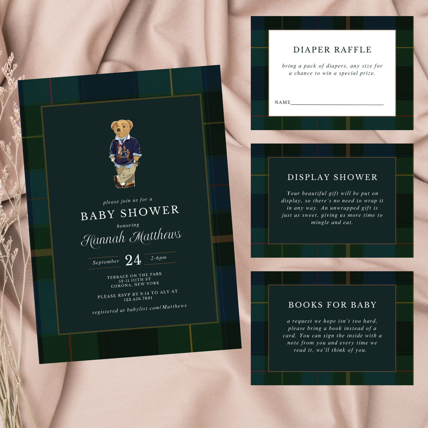 Plaid Teddy Bear Baby Shower Invitation Bundle