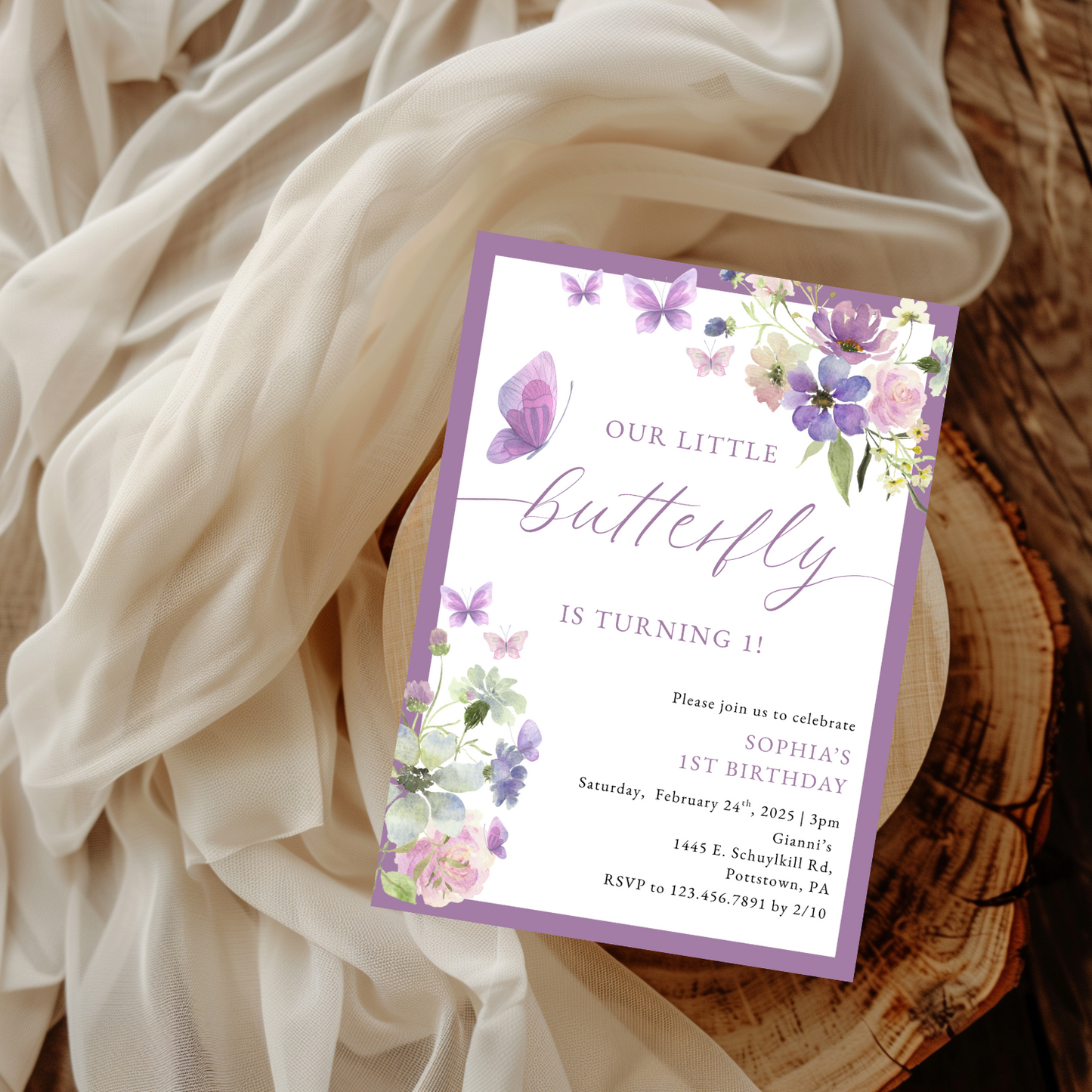 Watercolor Floral Purple Butterfly Birthday Invitation