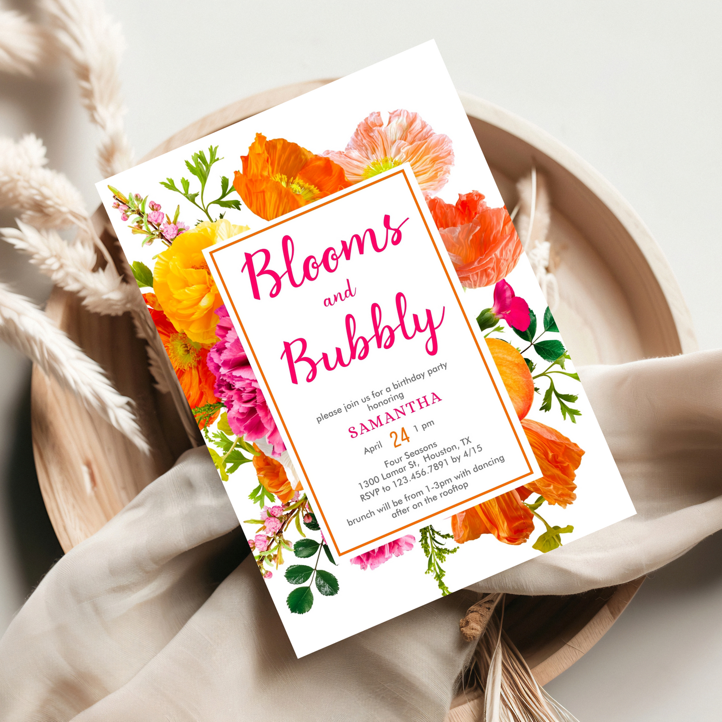 Stylish Orange & Pink Floral Birthday Invitation