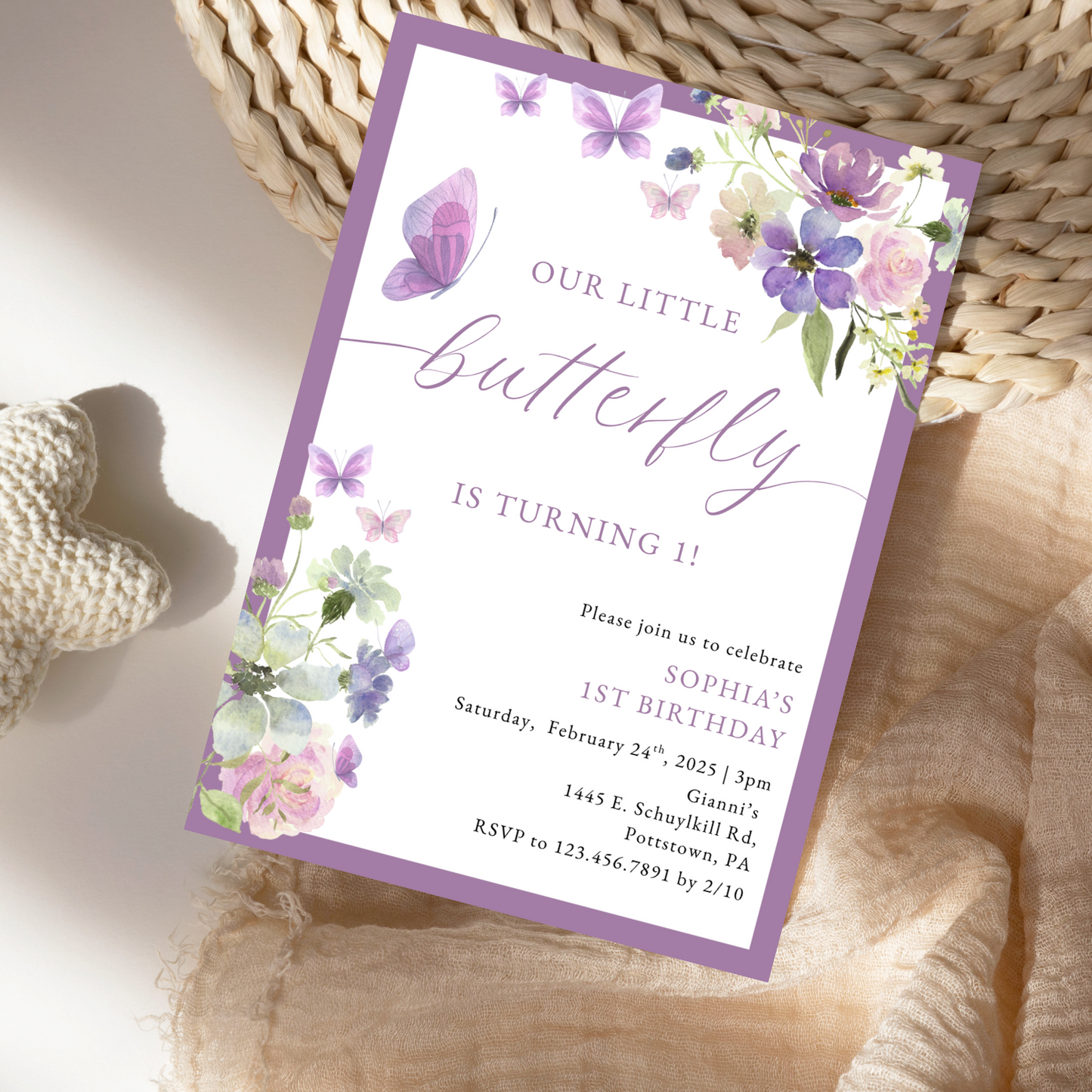 Watercolor Floral Purple Butterfly Birthday Invitation