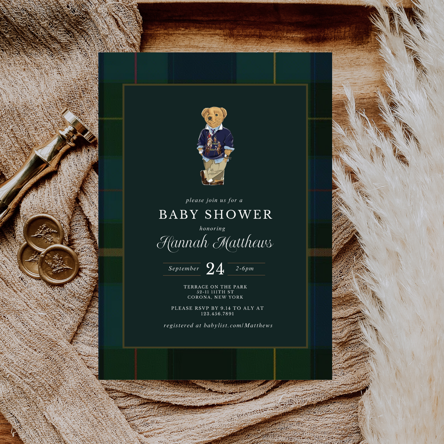 Plaid Teddy Bear Baby Shower Invitation