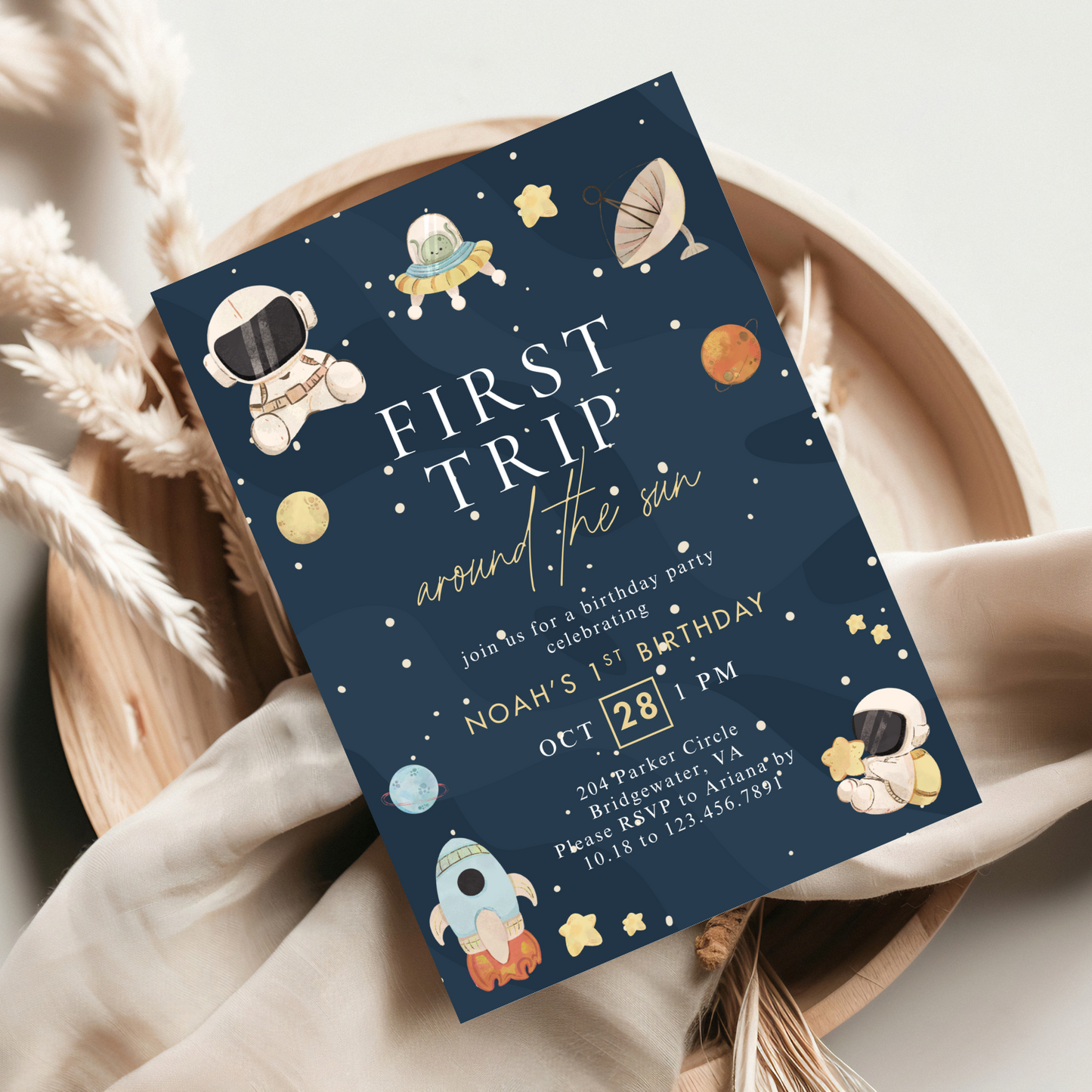 Modern First Trip Around the Sun Birthday Invitation