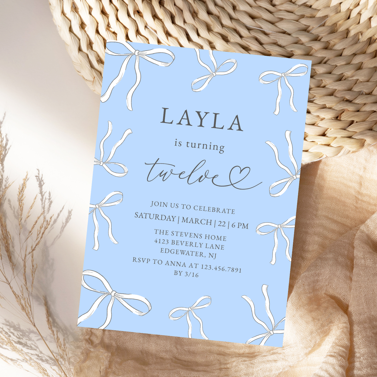 Elegant Blue Bow 12th Any Age Birthday Invitation