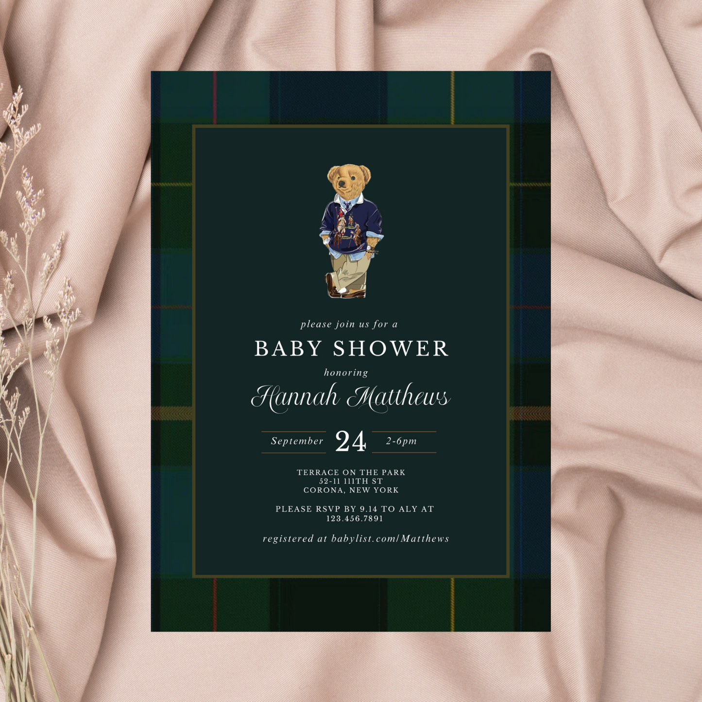Plaid Teddy Bear Baby Shower Invitation