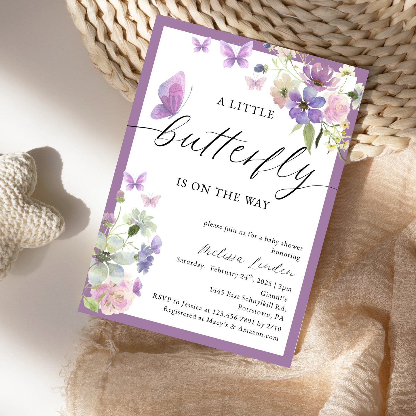 Watercolor Purple Butterfly Baby Shower Invitation
