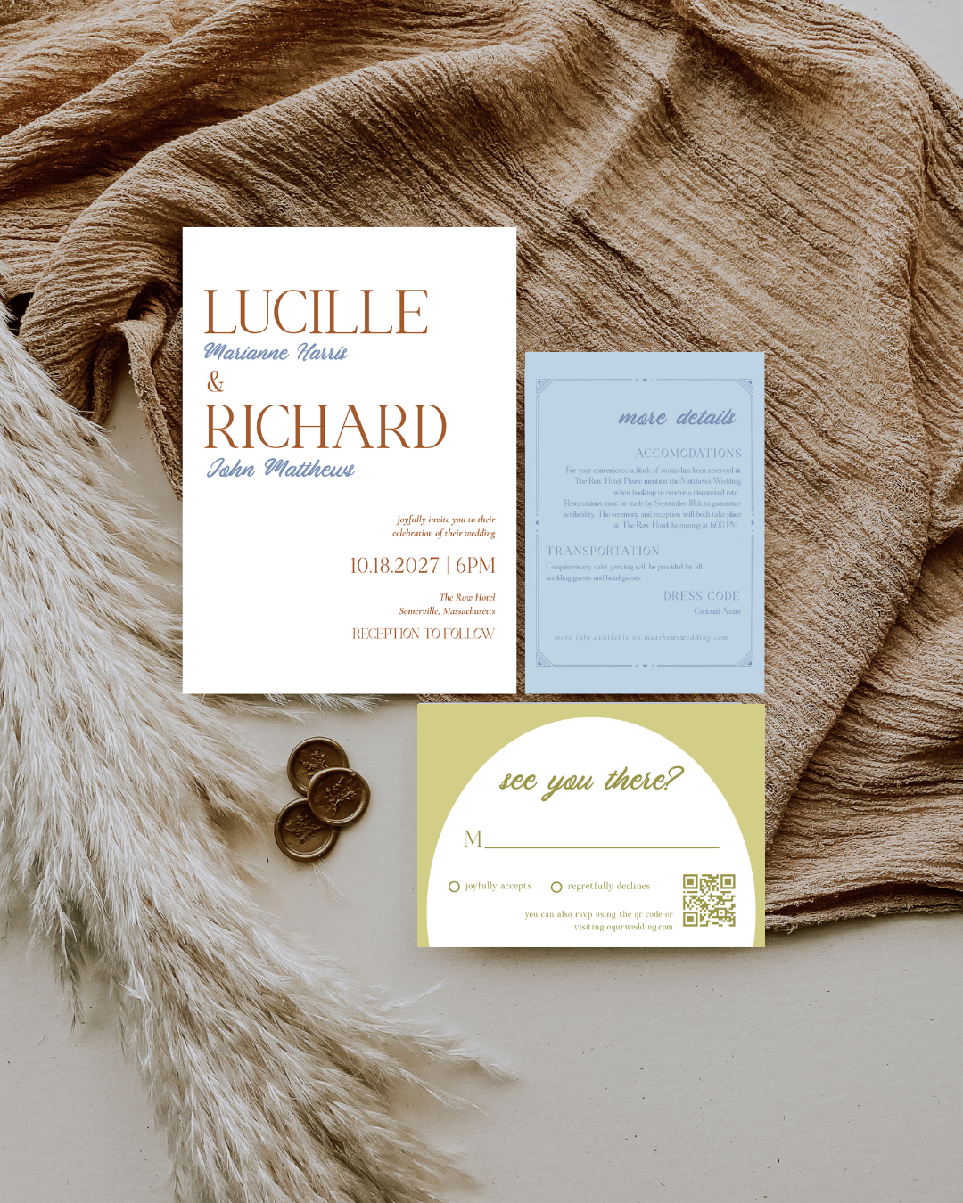 DAWN Retro Wedding Invitation Suite – Digital Download Bundle + BONUS Dinner Menu