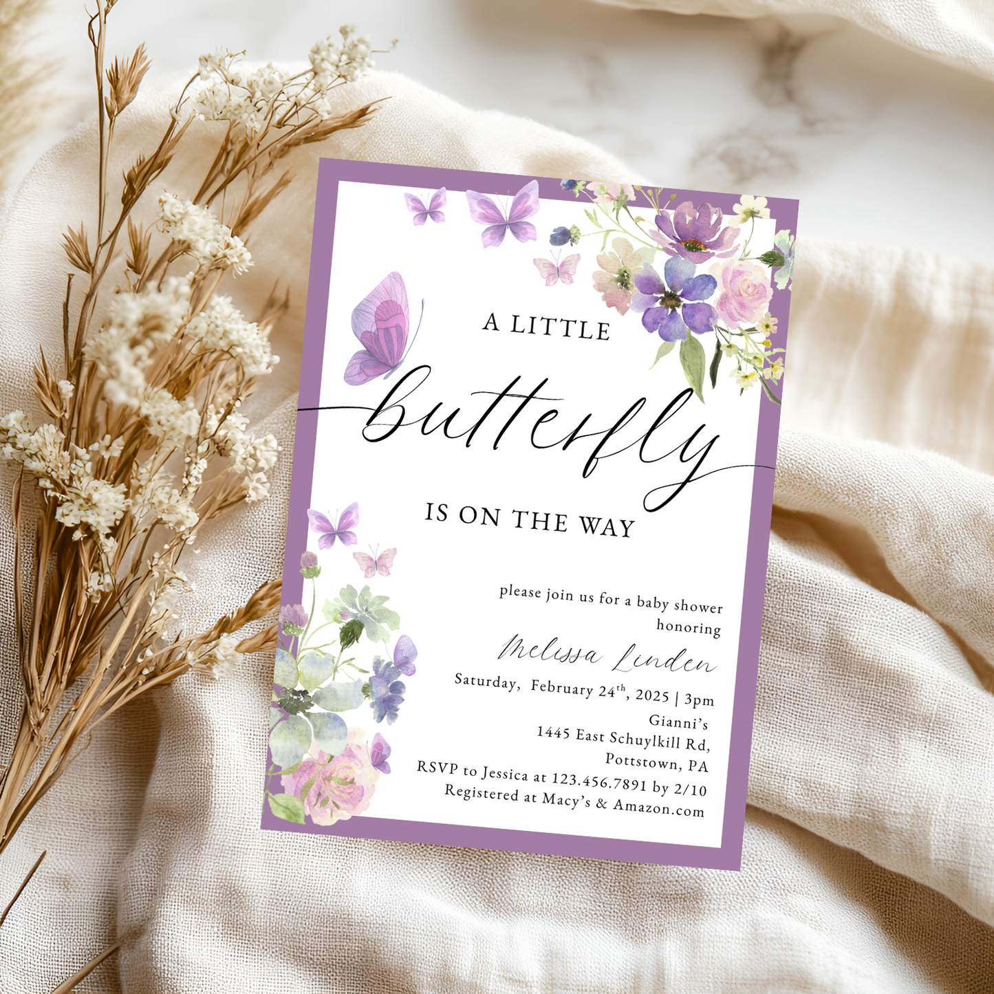 Watercolor Purple Butterfly Baby Shower Invitation