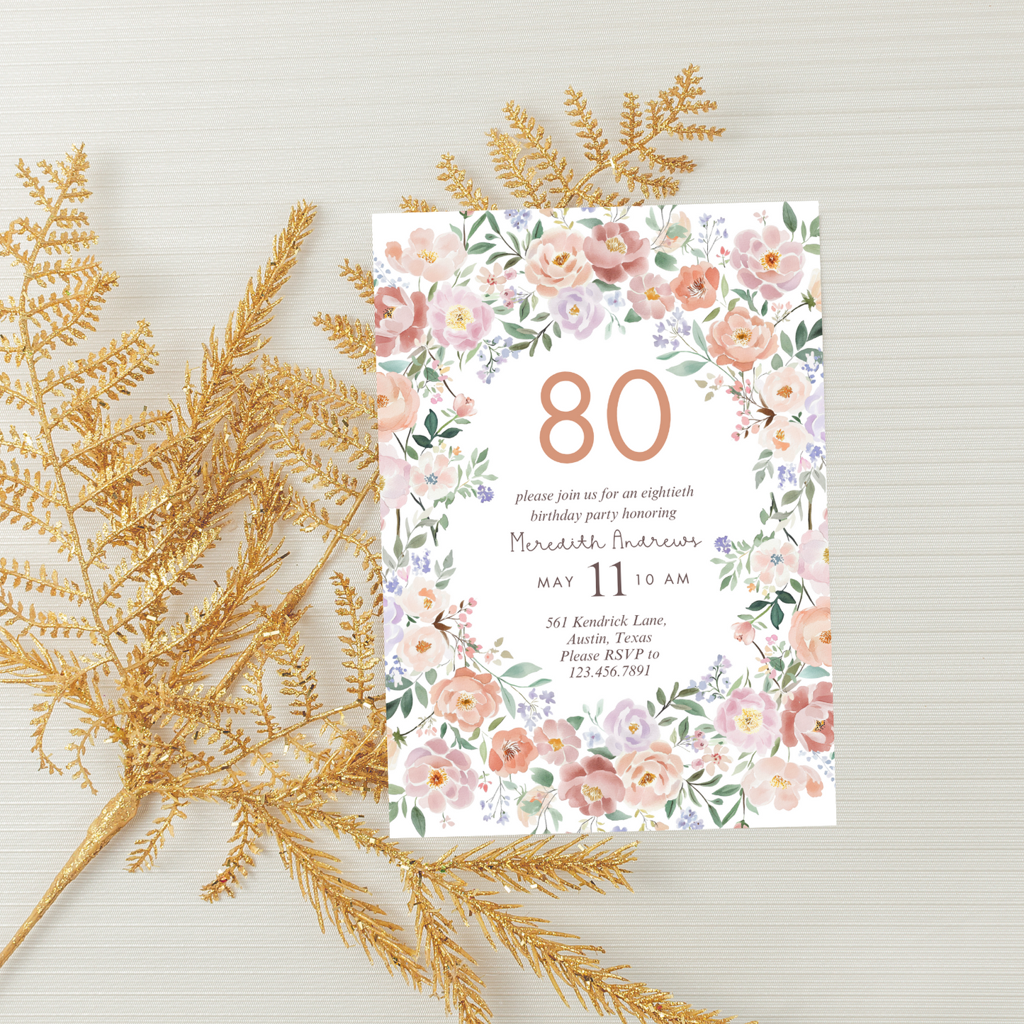 Watercolor Pink Floral 80th Birthday Invitation