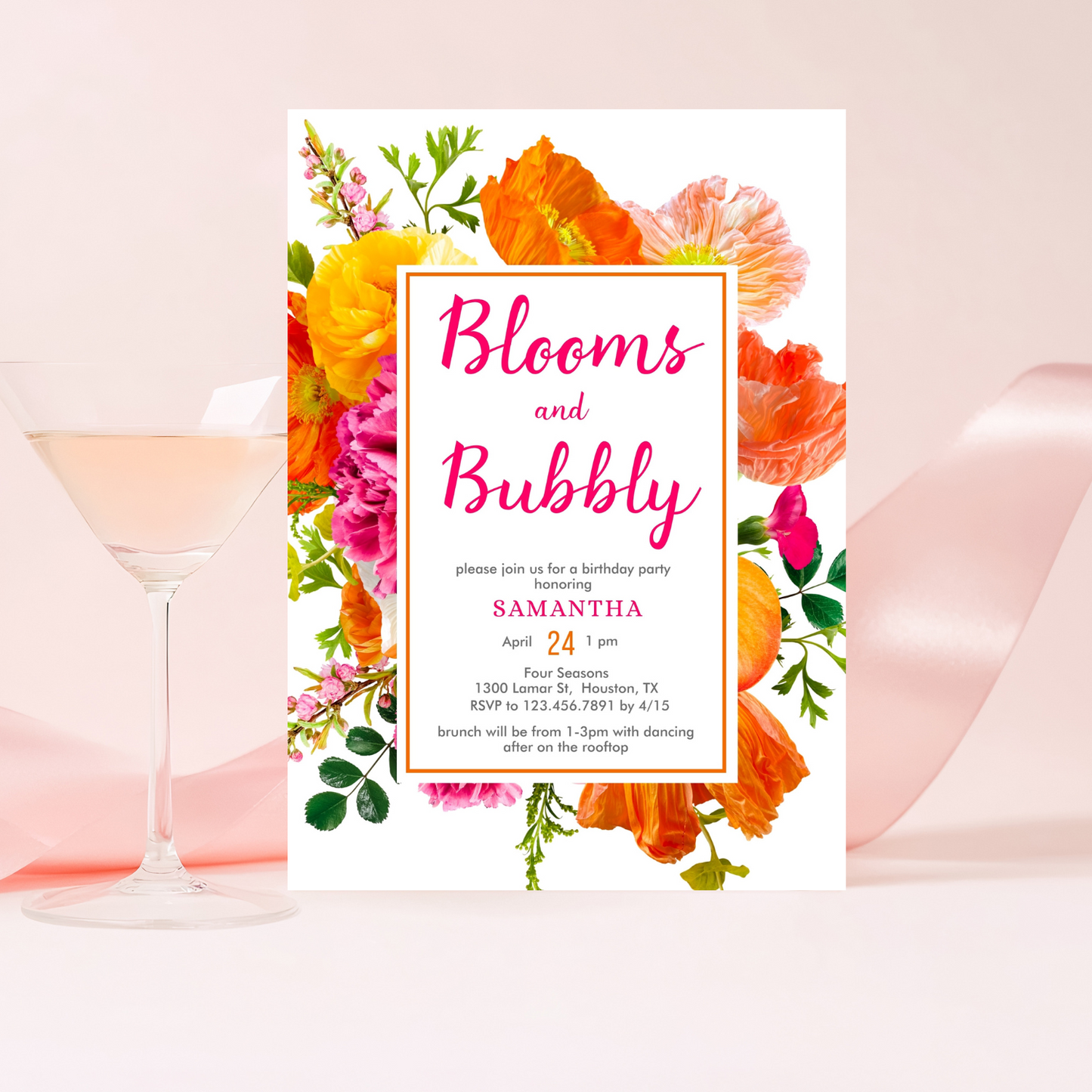 Stylish Orange & Pink Floral Birthday Invitation