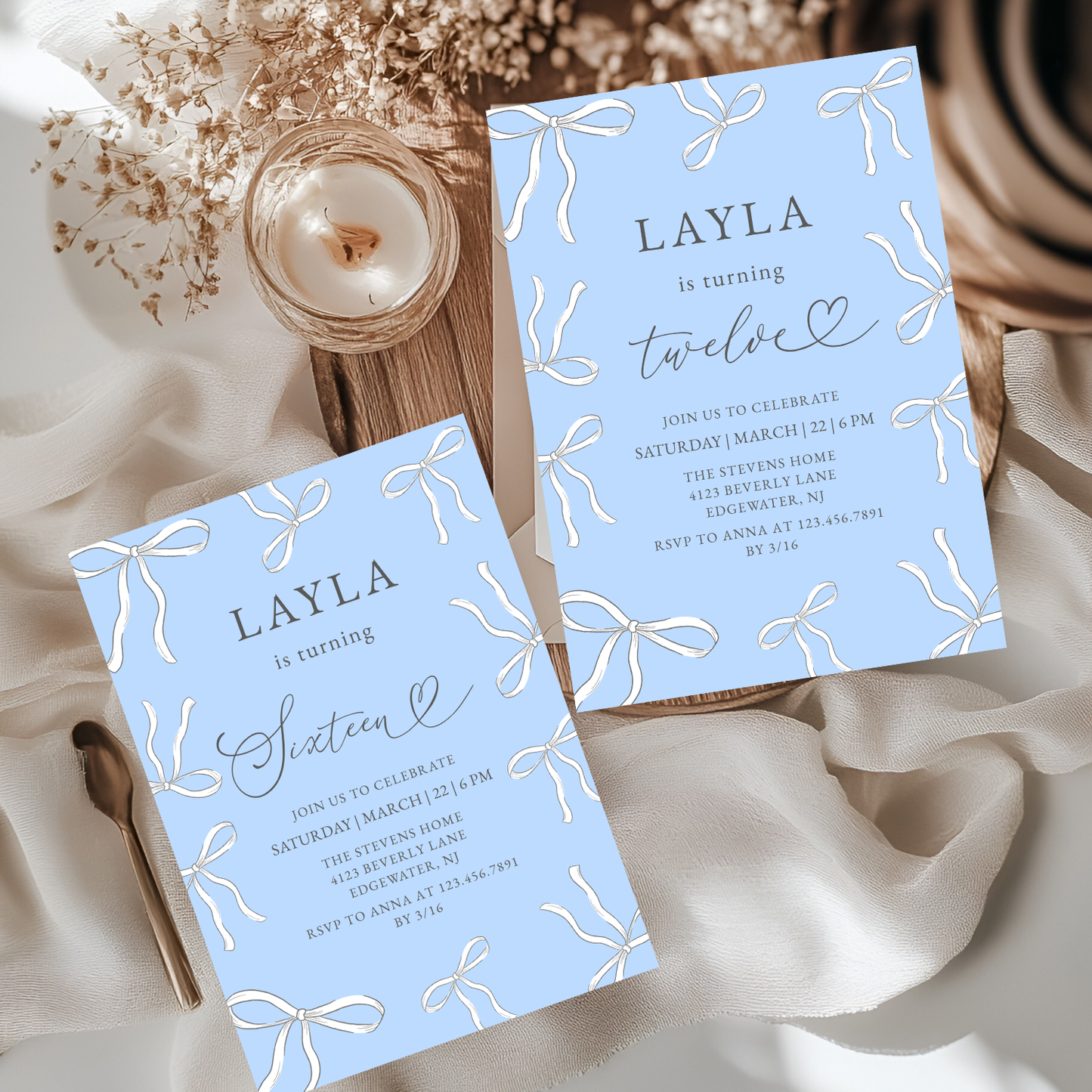 Elegant Blue Bow 12th Any Age Birthday Invitation