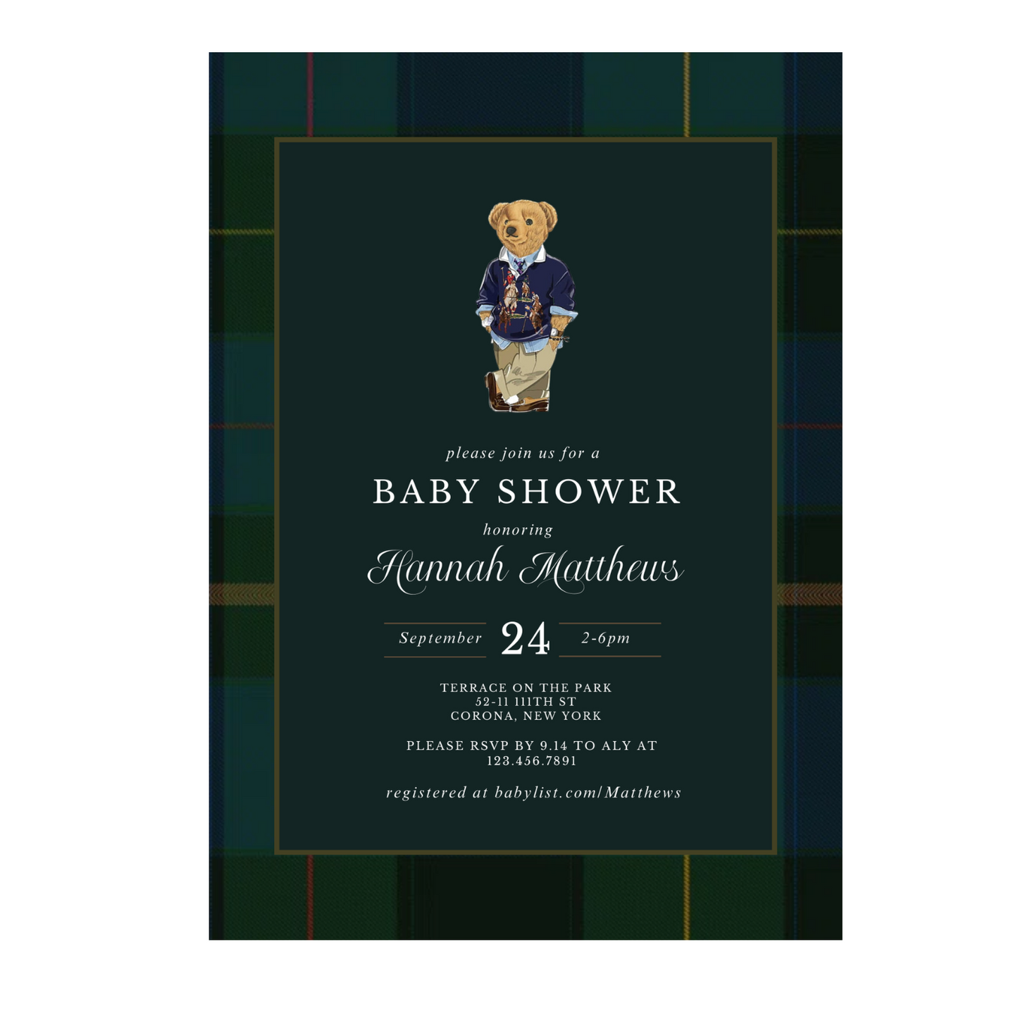 Plaid Teddy Bear Baby Shower Invitation