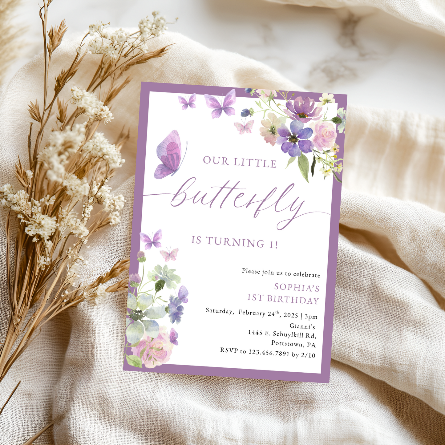Watercolor Floral Purple Butterfly Birthday Invitation