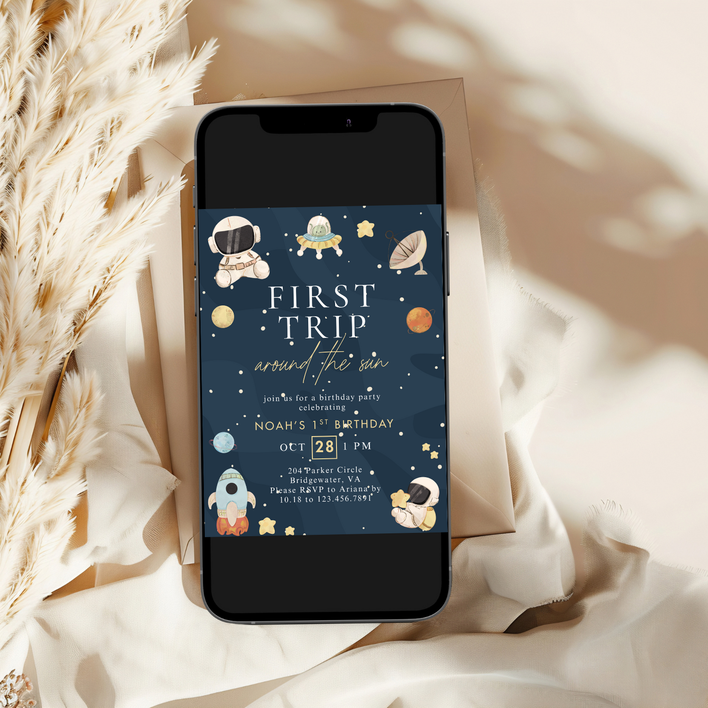 Modern First Trip Around the Sun Birthday Invitation