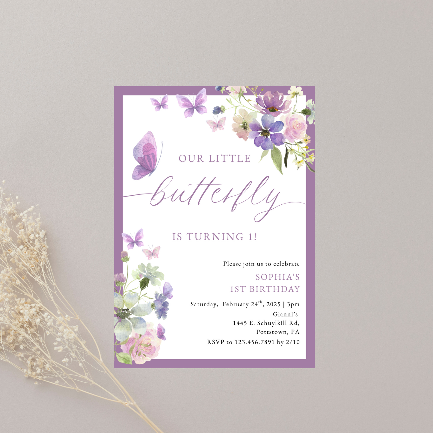 Watercolor Floral Purple Butterfly Birthday Invitation