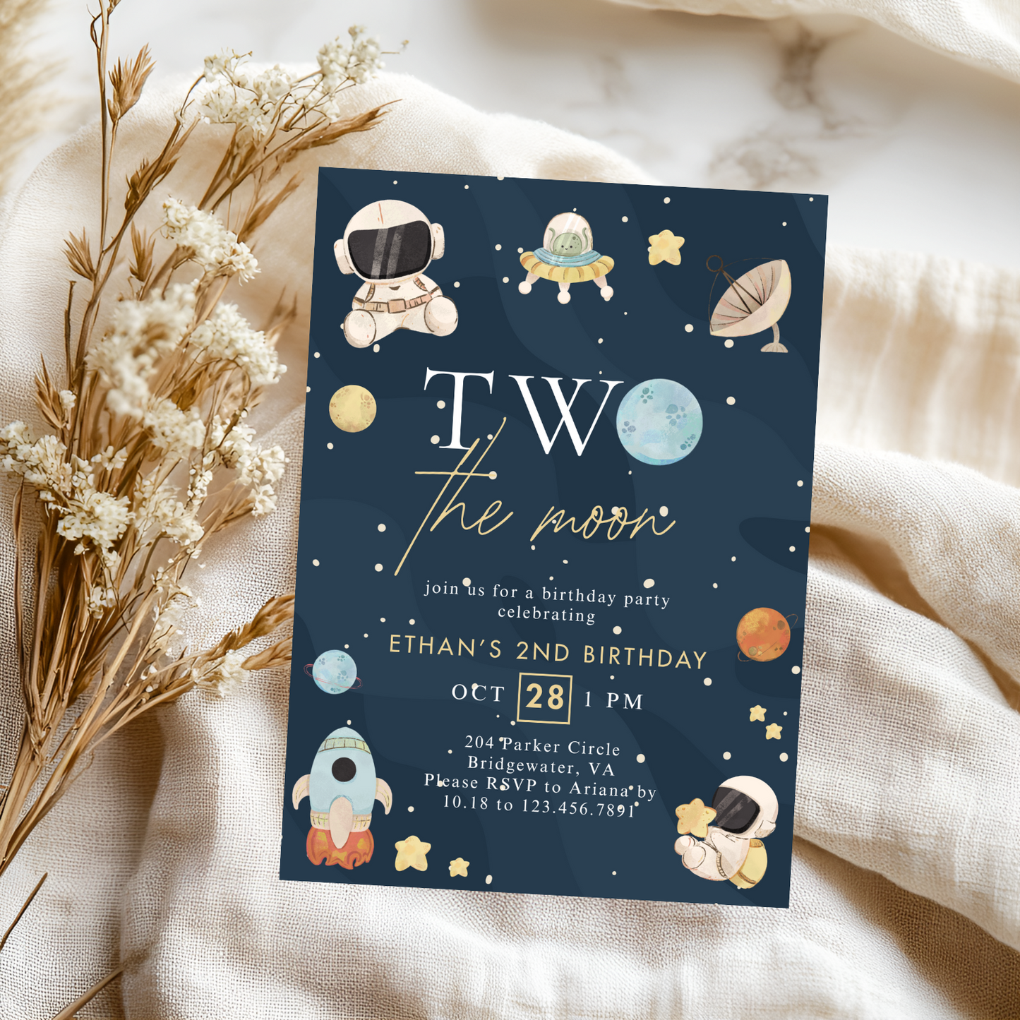 Modern Two the Moon 2nd Birthday Invitation