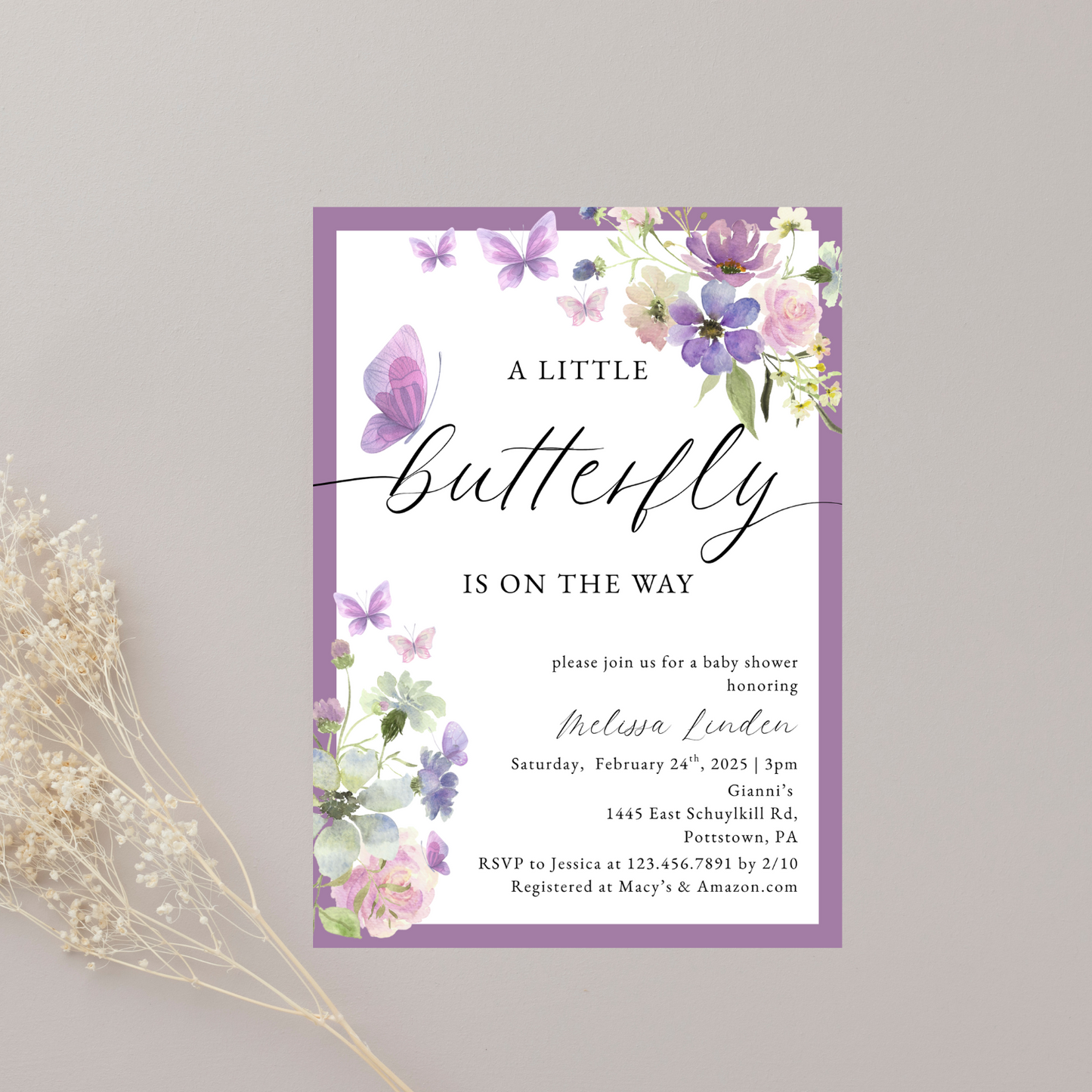 Watercolor Purple Butterfly Baby Shower Invitation