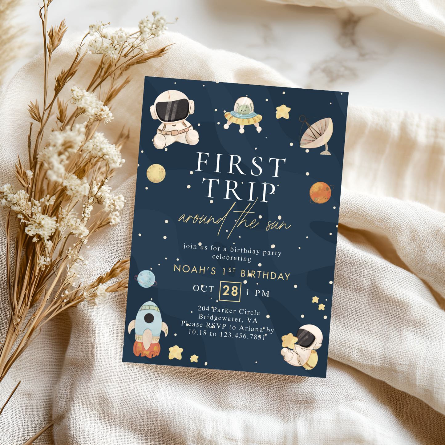 Modern First Trip Around the Sun Birthday Invitation