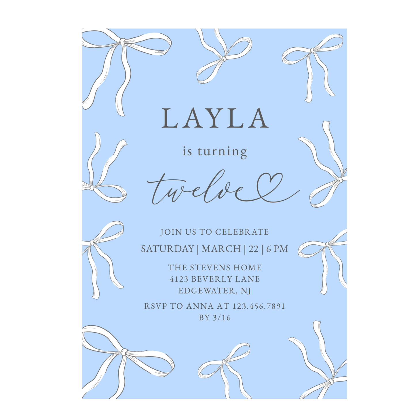 Elegant Blue Bow 12th Any Age Birthday Invitation