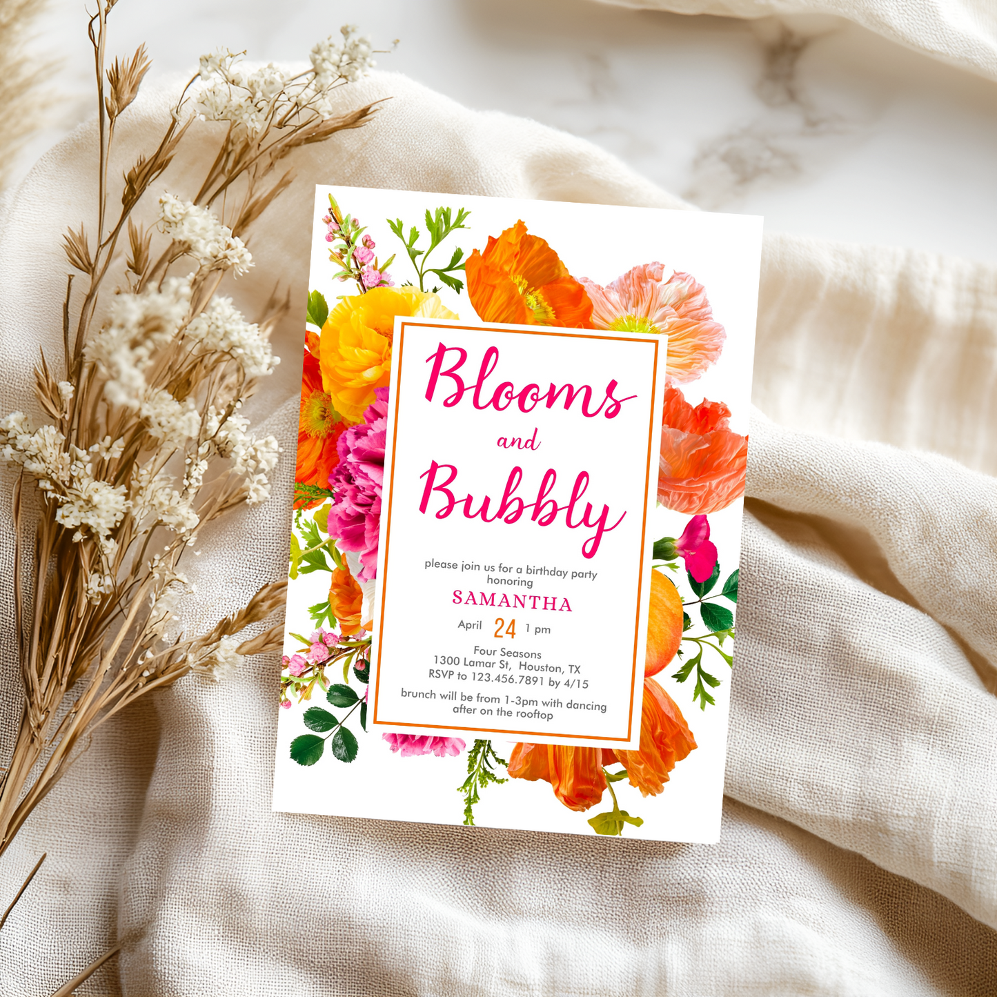 Stylish Orange & Pink Floral Birthday Invitation