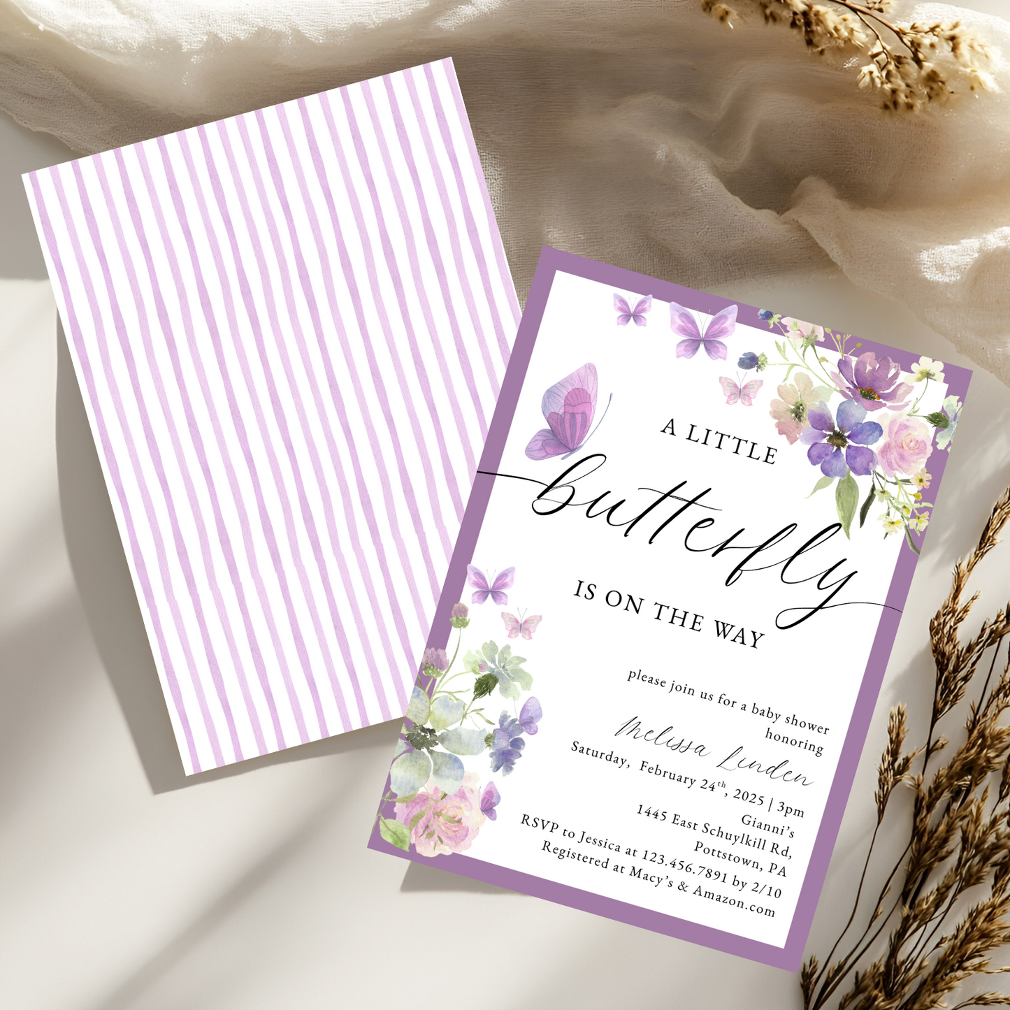 Watercolor Purple Butterfly Baby Shower Invitation