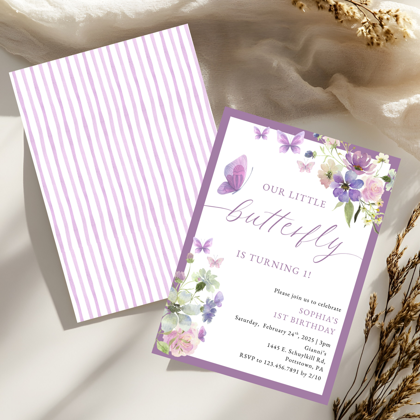 Watercolor Floral Purple Butterfly Birthday Invitation
