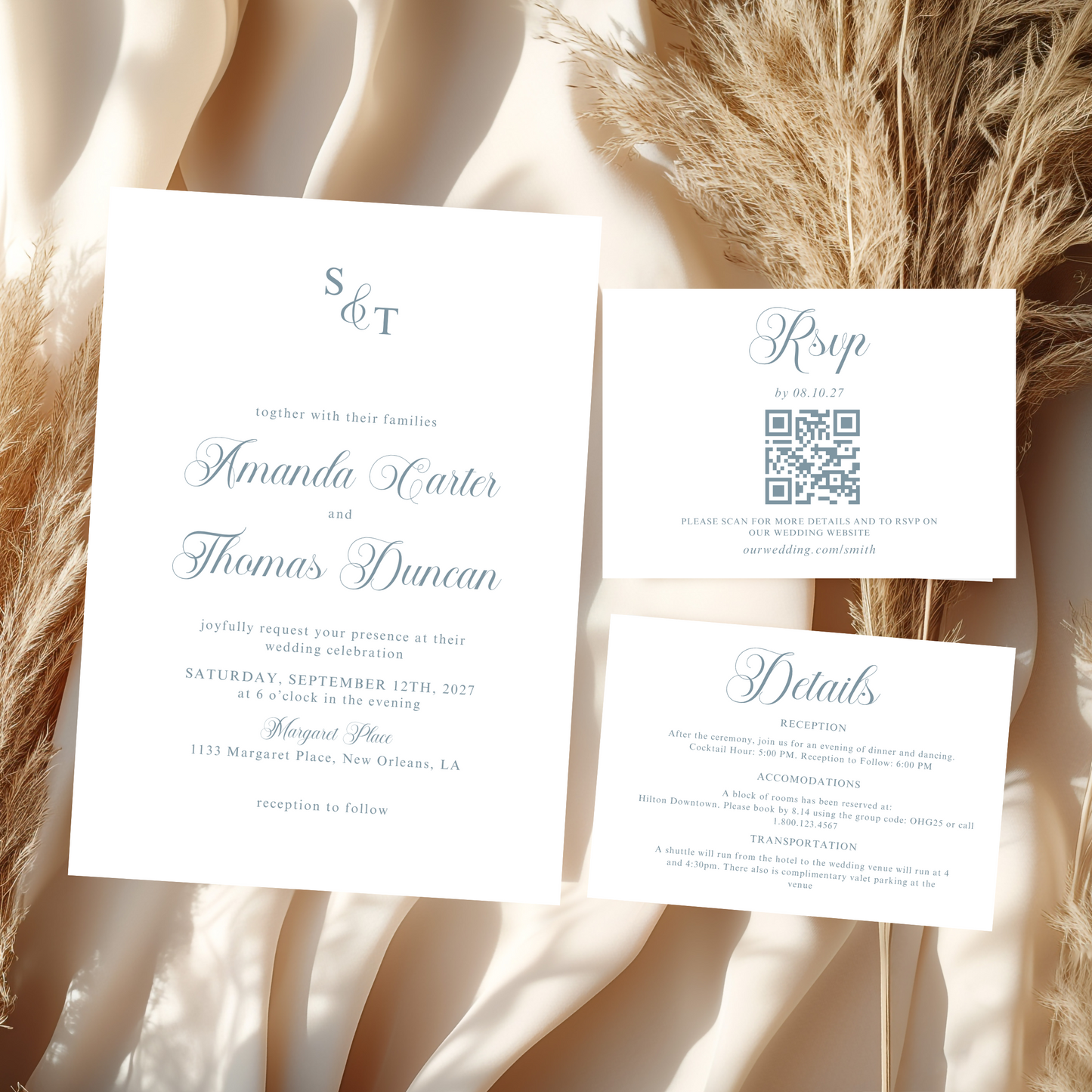 CERISE Dusty Blue Wedding Invitation Suite Bundle | Digital Download
