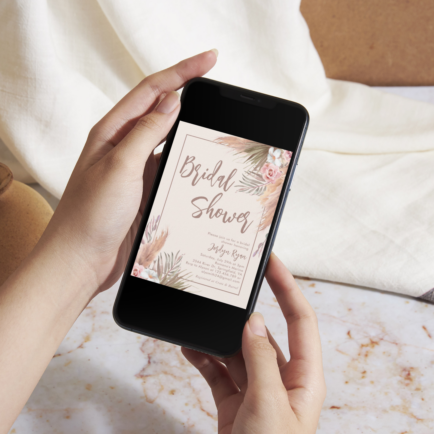 Boho Watercolor Pampas Grass Bridal Shower Invitation
