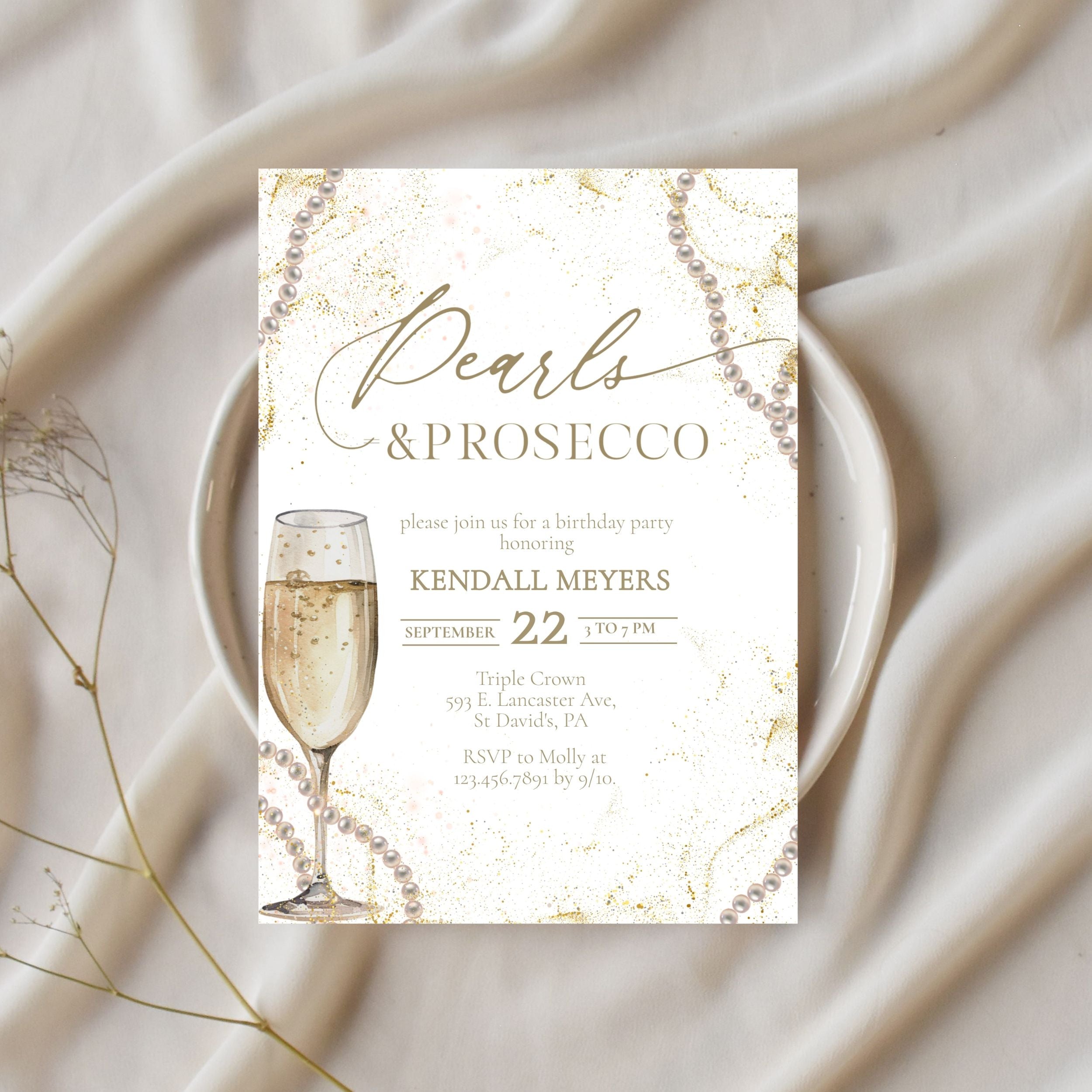 Elegant Pearls & Prosecco Birthday Invitation – Modern Paperie Co.