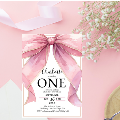 Posh Pink Coquette Bow Baby Girl 1st Birthday Invitation