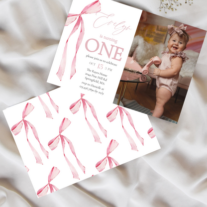 Pink Bow First Birthday Photo Invitation