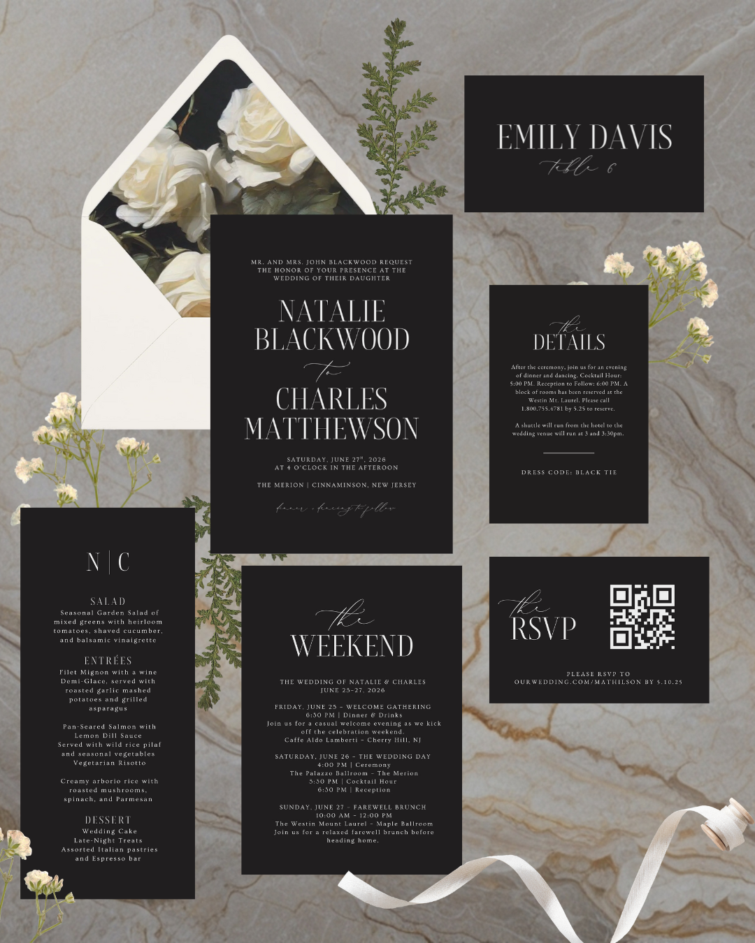 NATALIE Black Wedding Invitation Suite