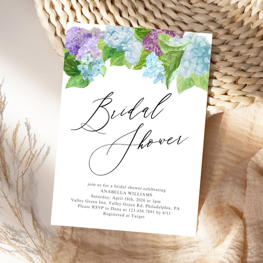 Watercolor Hydrangea Bridal Shower Invitation | Digital Download
