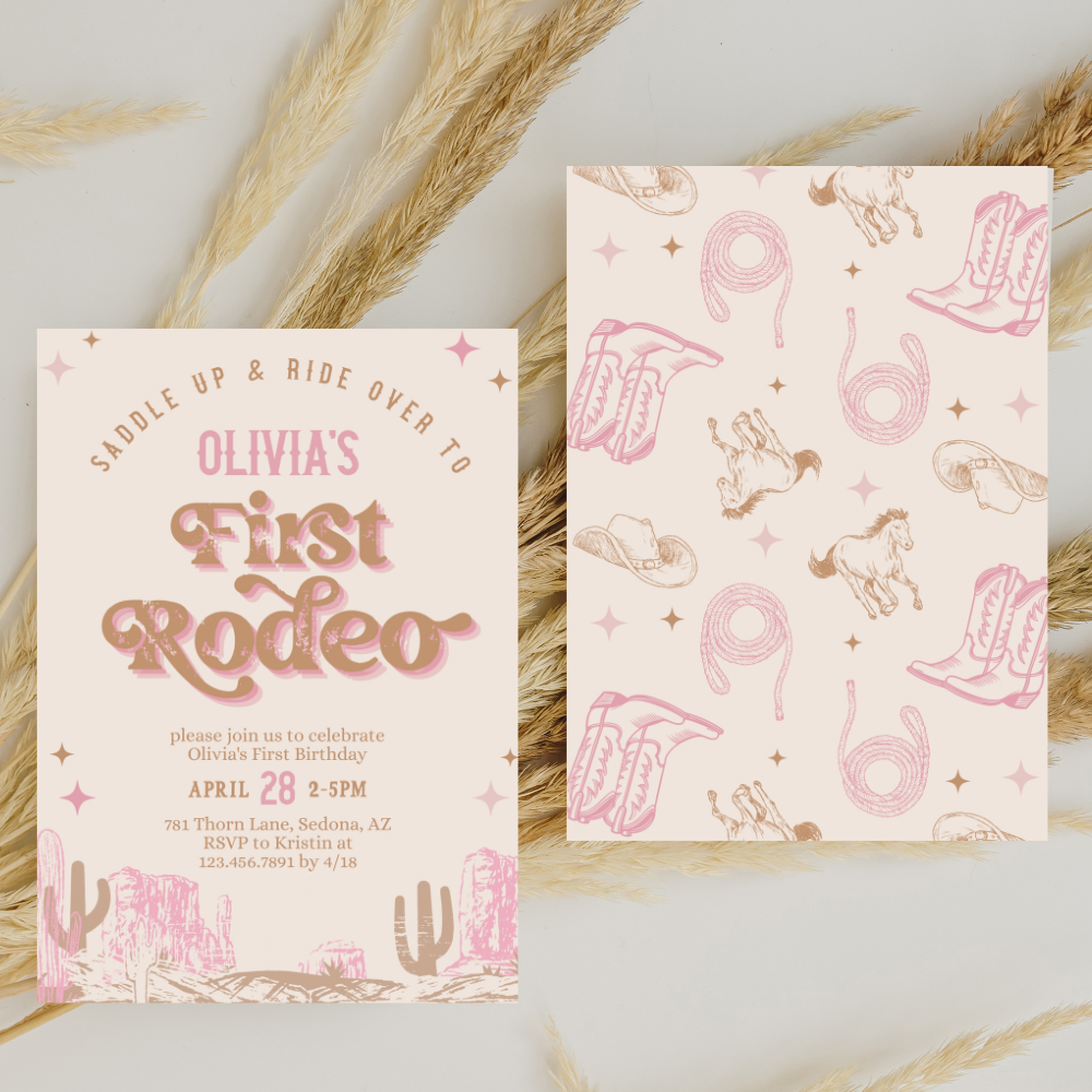 First Rodeo Western Pink Cowgirl Birthday Invitation