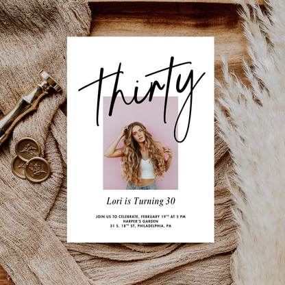 Minimalist Photo 30th Editable Birthday Invitation