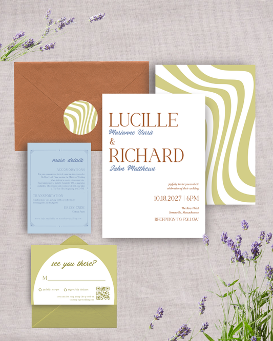 DAWN Retro Wedding Invitation Suite – Digital Download Bundle + BONUS Dinner Menu