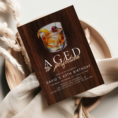 Rustic Whiskey Aged to Perfection Mens Birthday Invitation