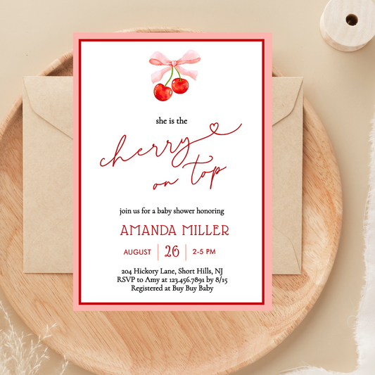 Coquette Cherry on Top Baby Shower Invitation