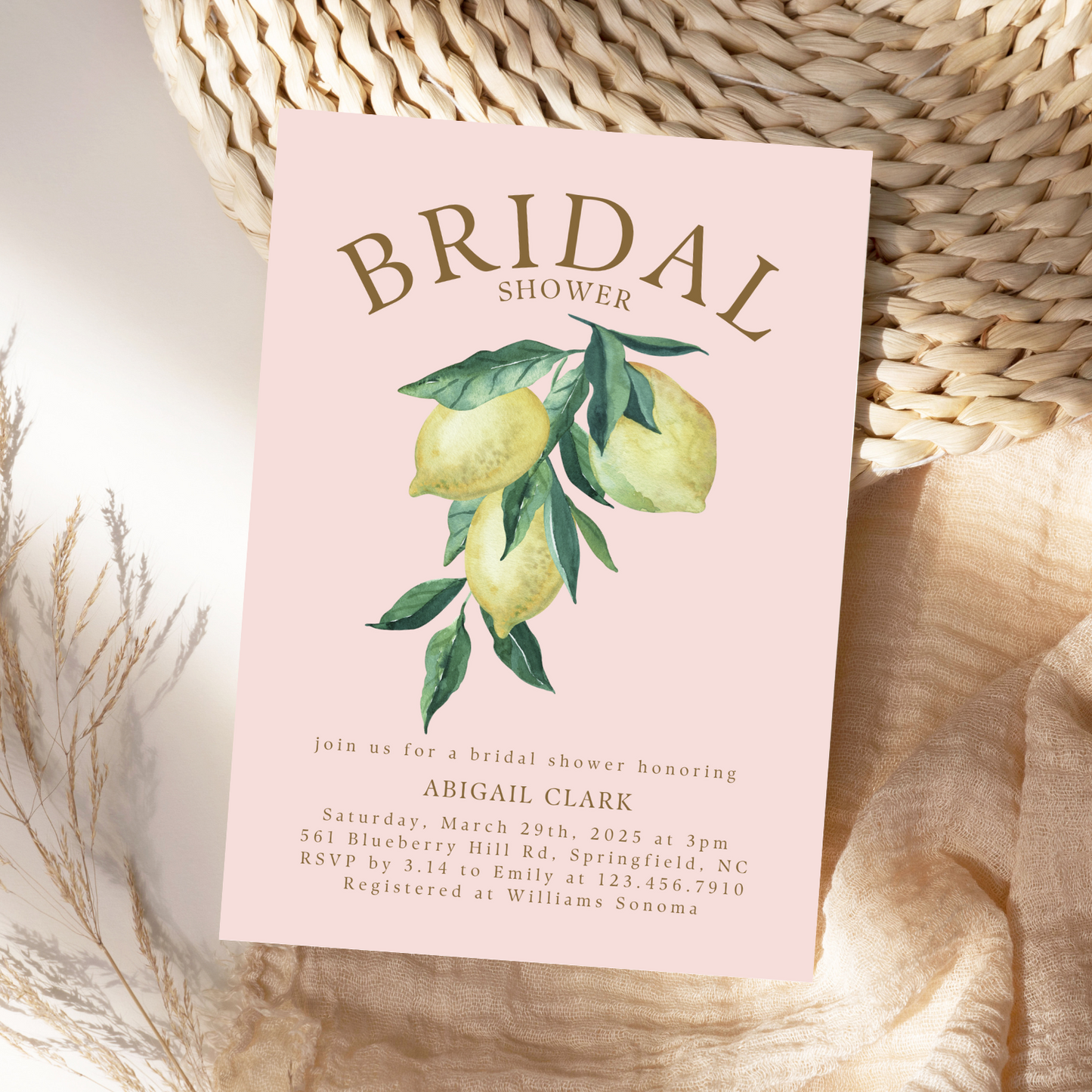Watercolor Pink Lemon Bridal Shower Invitation | Digital Download