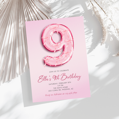 Pink Bow Balloon 9th Birthday Invitation Template