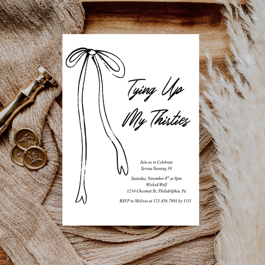 Black Bow Tying Up My Thirties Editable Birthday Invitation