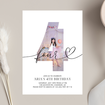 Minimalist Photo 4th Birthday Invitation Template | Digital Download